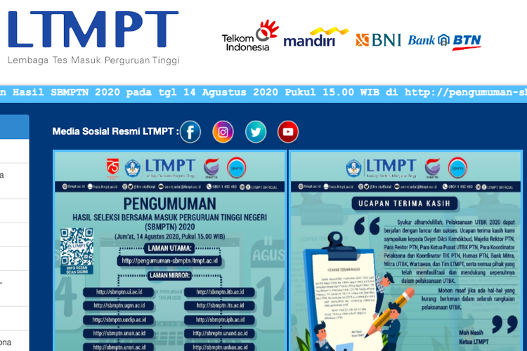 Tangkapan layar web LPMPT mengenai Pengumuman SBMPTN 2020