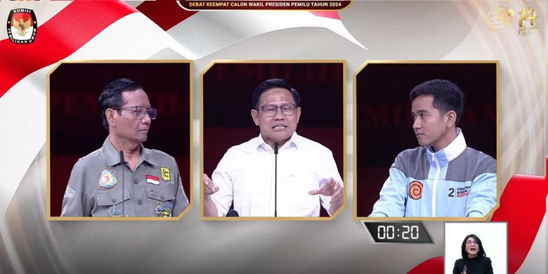 Cawapres nomor urut 1 Muhaimin Iskandar, cawapres nomor urut 2 Gibran Rakabuming Raka, dan cawapres nomor urut 3 Mahfud MD dalam debat pilpres ke-4, Minggu (21/1/2024).