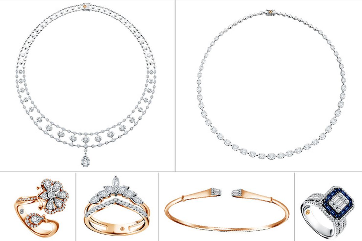 Koleksi perhiasan Mondial (kiri ke kanan) seri Jubile, Hilarity, The Gala, Lady Arc, Art Deco, dan Blue Sapphire.