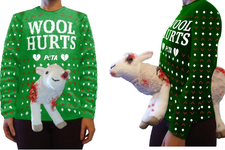 Wool Hurts Ugly Holiday Sweater yang dirilis oleh PETA.