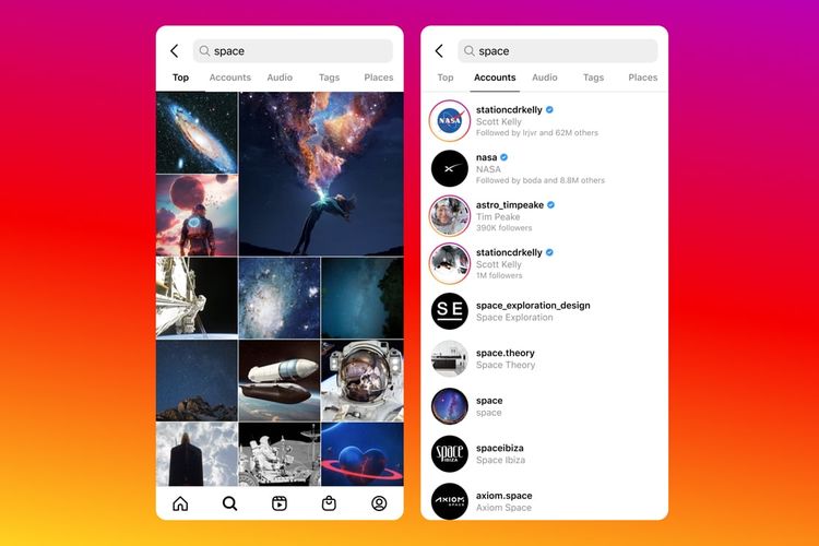Ilustrasi fitur pencarian terbaru di Instagram dapat menampilkan foto dan video yang dicari berdasarkan kata kunci yang dicantumkan pengguna.