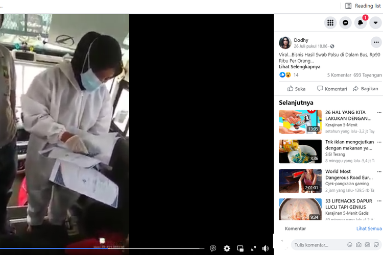 hoaks video yang memperlihatkan seorang wanita membagikan hasil swab palsu di bus