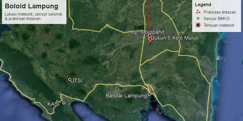 Interpretasi lintasan meteor ? terang Lampung Tengah (garis merah) berdasarkan pada temuan dua meteorit dan rekaman seismik di stasiun UTSI, KASI dan PSSM milik BMKG. 