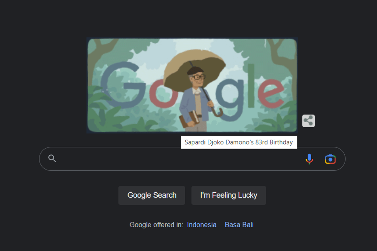 Desain Google Doodle hari ini, Senin (20/3/2023) merayakan Hari Ulang Tahun ke-83 Sapardi Djoko Damono, sang pujangga yang memiliki peran penting dalam dunia sastra Indonesia.