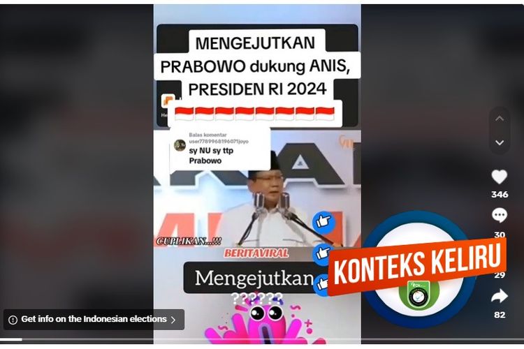 Tangkapan layar video yang TikTok yang mengeklaim Prabowo menyatakan mendukung Anies di Pilpres 2024
