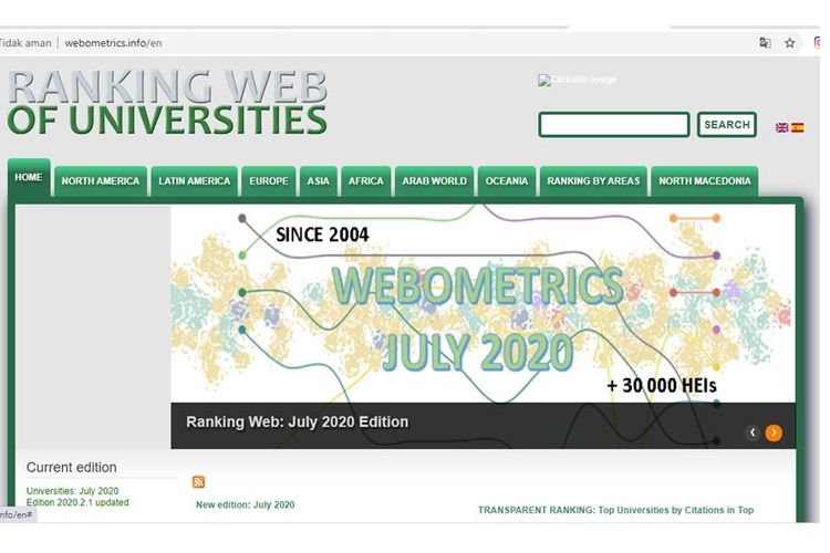 Tangkapan layar website Webometrics edisi Juli 2020