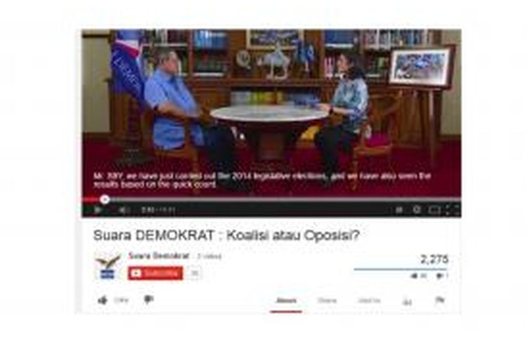 Ketua Umum DPP Partai Demokrat Susilo Bambang Yudhoyono bicara tentang langkah politik Demokrat pasca pemilu legislatif, melalui video yang diunggah akun Suara Demokrat, Kamis (17/4/2014)