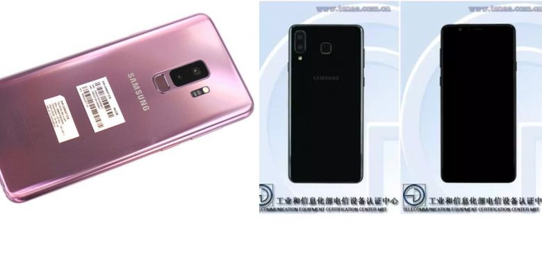 Galaxy S9 Plus (kiri) dengan kamera ganda tersusun vertikal di tengah, dan rumor Galaxy S9 Mini (kanan) dengan kamera ganda bergeser ke pinggir sebelah kanan mirip penempatan kamera ganda iPhone X.