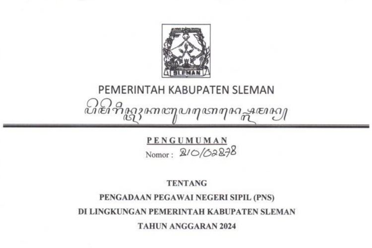 Pengumuman seleksai dan formasi CPNS 2024 di lingkungan Pemerintah Kabupaten Slem