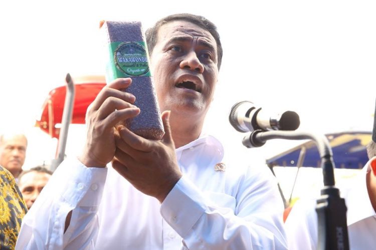 Menteri Pertanian Andi Amran Sulaiman menunjukkan beras Indonesia kualitas ekspor