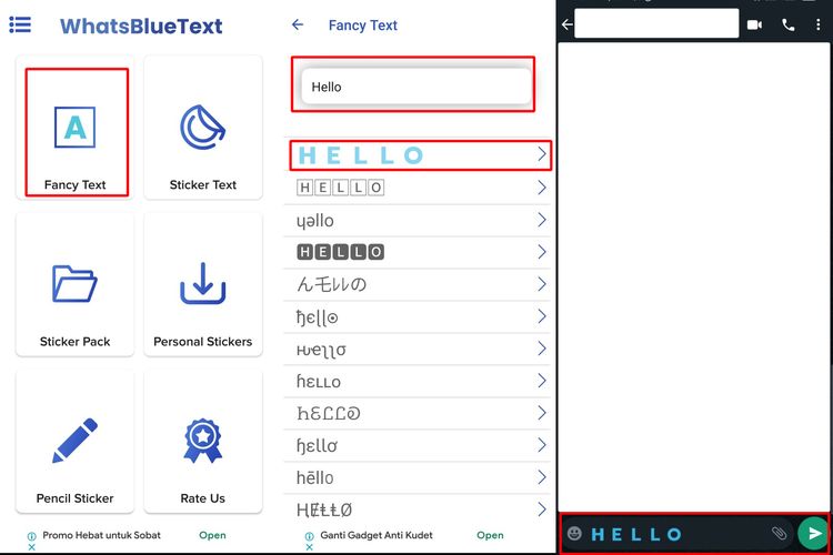 Ilustrasi cara membuat tulisan berwarna WhatsApp lewat aplikasi Fancy Text Sticker Maker (WhatsBlue Text)