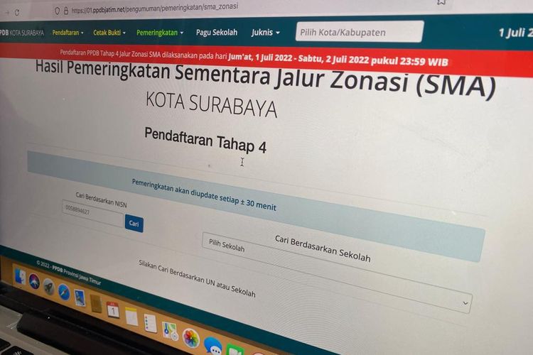 Halaman website ppdb.jatimprov.go.id untuk cek pengumuman PPDB Jatim 2022 tahap 4.