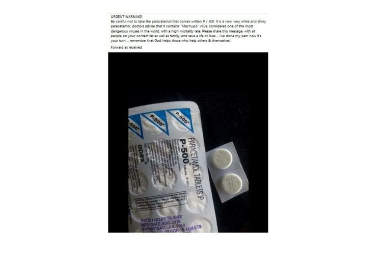 Status Facebook soal paracetamol P/500 mengandung virus Machupo.