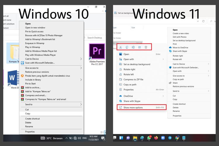 Perbandingan tampilan klik kanan sebelum dirombak, yakni pada Windows 10 (kiri) dan setelah dirombak pada Windows 11 (kanan). Kini, tampilan klik kanan di Windows 11 jadi lebih minimalis.
