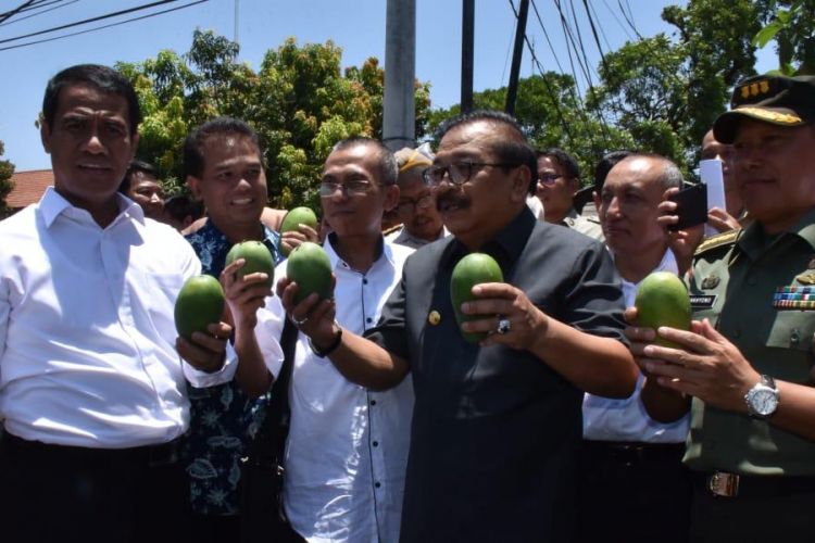 Mentan Amran Sulaiman bersama Gubernur Jawa Timur Soekarwo melepas ekspor komoditas hortikultura di Kantor Dinas Pertanian Provinsi Jawa Timur, Surabaya, Senin (8/10/2018). 