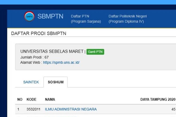 Tangkapan layar daftar prodi di UNS pada SBMPTN 2020.