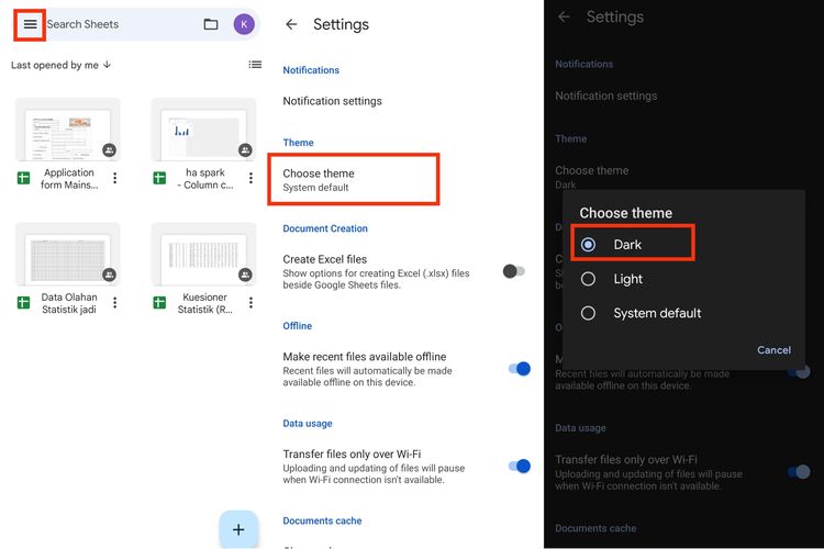 Cara mengaktifkan mode gelap di Google Docs, Sheets, dan Slides.