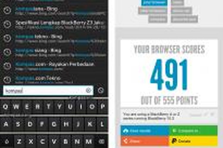 Tampilan keyboard virtual dan predictive text pada BlackBerry Z3 (kiri) dan skor dari HTML5Test.com