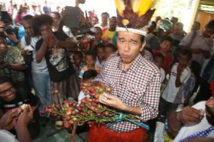 Calon presiden Joko Widodo (Jokowi) mencoba buah asli Papua, Matoa saat berkunjung di Desa Yoka, Distrik Heram, Jayapura, Kamis (5/6/2014). Pasangan calon presiden dan wakil presiden, Jokowi-Jusuf Kalla (JK) akan memulai masa kampanye dari dua lokasi berbeda. Jokowi dijadwalkan memulai kampanye dari ujung timur, dan JK dari ujung barat Indonesia.