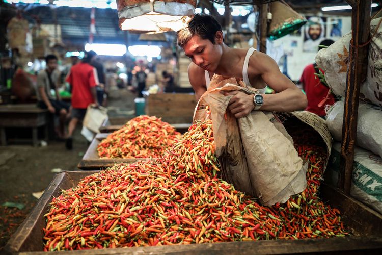 Aktivitas pedagang cabai di Pasar Induk Kramat Jati, Jakarta Timur, Rabu (8/1/2020). Harga berbagai jenis cabai di Pasar Induk Kramat Jati melonjak memasuki musim hujan.