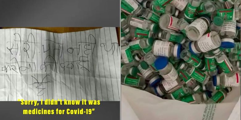 Seorang pencuri di India dilaporkan mencuri tas yang ternyata berisi dosis vaksin Covid-19 (foto kanan). Foto kiri, si pencuri menuliskan permintaan maaf dan mengembalikan tas itu setelah tahu apa isinya.