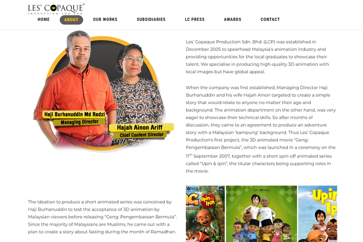 Tangkapan layar laman resmi Les' Copaque, rumah produksi serial animasi asal Malaysia Upin & Ipin.