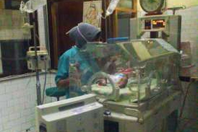 Perawat jaga RSUD Ibnu Sina, saat sedang memantau kondisi bayi perempuan dengan dua kepala.