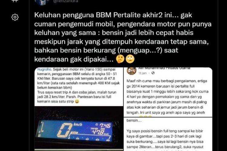 Warganet mengeluhkan penggunaan BBM jenis Pertalite kini menjadi cepat habis sejak harga BBM dinaikkan seperti yang diunggah oleh akun Twitter @ferizandra pada Rabu (21/9/2022)