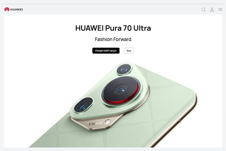 Tampilan utama situs resmi Huawei Indonesia yang menampilkan Pura 70 Ultra