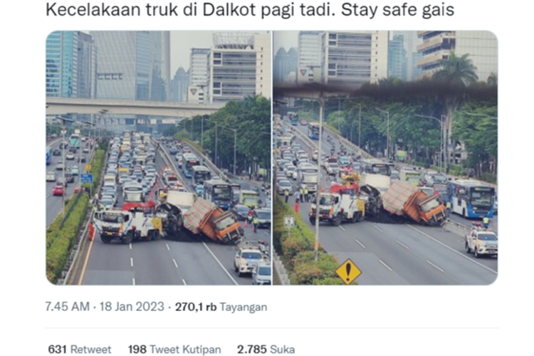 Tangkapan layar twit viral foto bernarasi kecelakaan truk di Jalan Tol Dalam Kota (Dalkot).