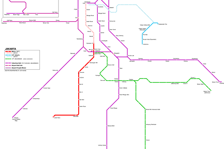 Peta jaringan transportasi umum berbasis rel yang menghubungkan Jakarta dan kota-kota sekitarnya, termasuk LRT Jabodebek dan MRT fase II yang masih dalam tahap pembangunan. Sumber: urbanrail.net.