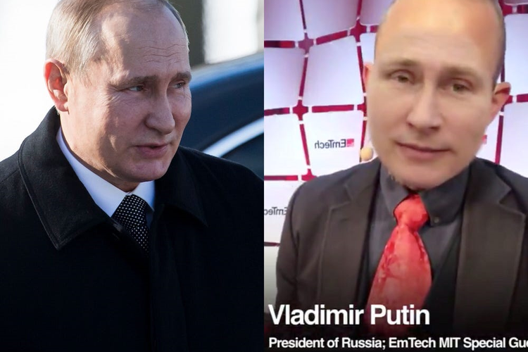 Penampakan tampang Presiden Rusia Vladimir Putin versi asli (kiri) dan versi deepfake (kanan).