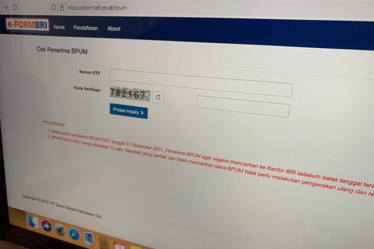 Tampilan halaman website Eform.bri.co.id untuk cek penerima BLT UMKM