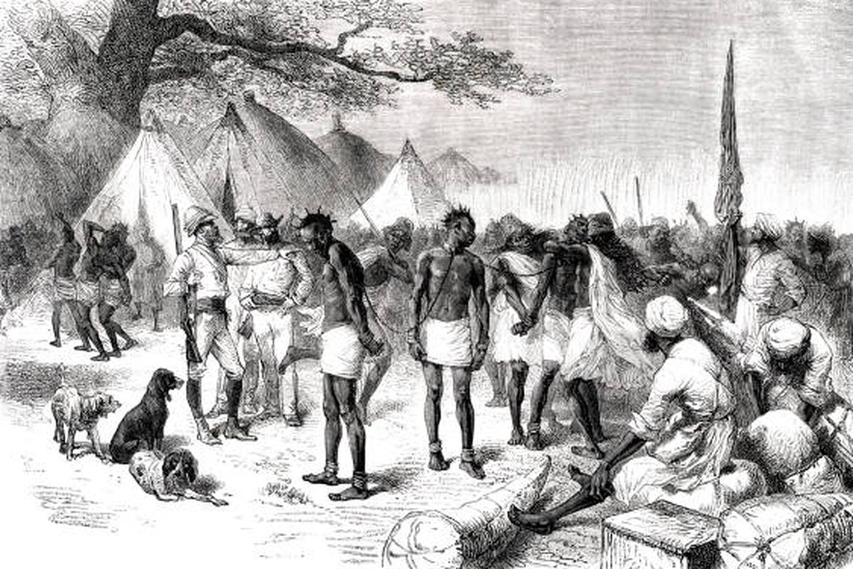 Koloni Inggris berdagang dengan budak di Afrika Barat 1877.
