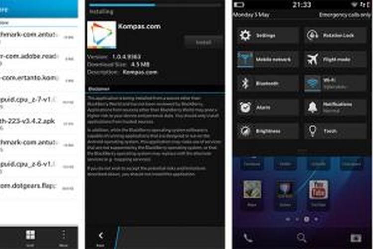 Deretan file APK dapat langsung di-install pada BlackBerry Z3. Quick settings (kanan) menyediakan akses cepat ke sejumlah aspek pengaturan baru