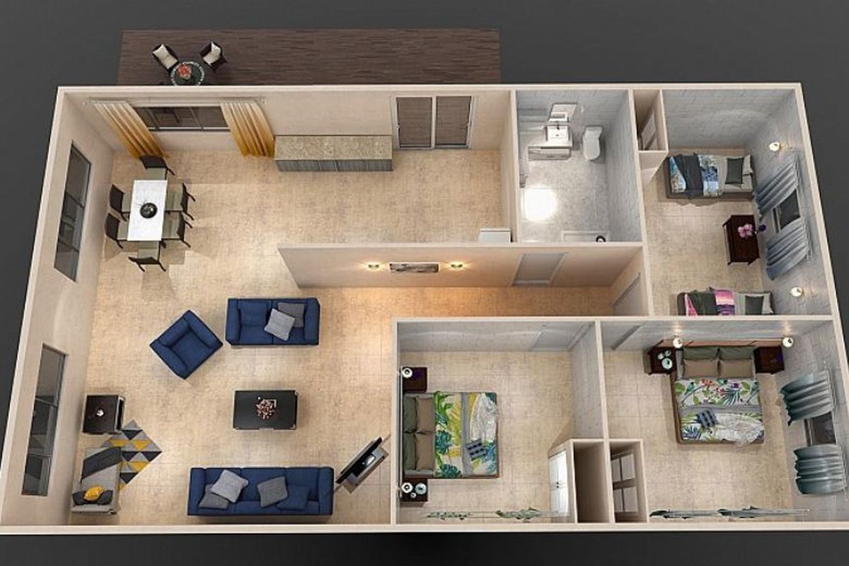 Hunian minimalis tiga kamar.