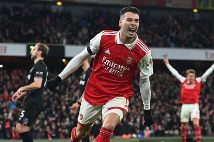 Winger Arsenal Gabriel Martinelli merayakan golnya ke gawang West Ham United pada laga pekan ke-17 Liga Inggris 2022-2023 di Stadion Emirates, Selasa (27/12/2022) dini hari WIB.