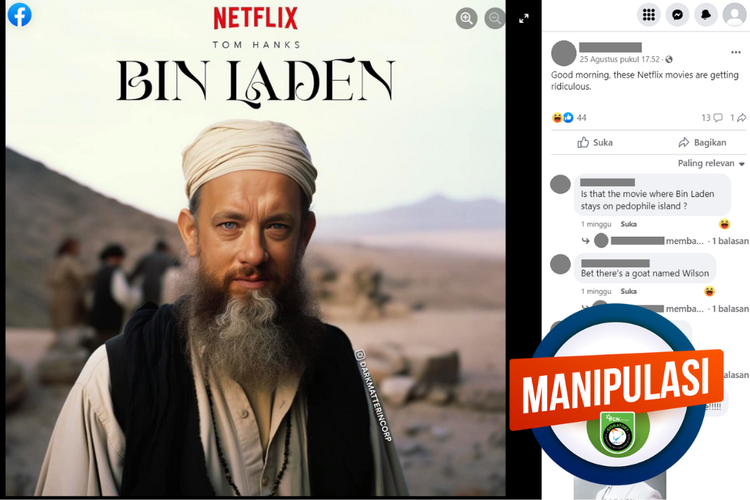 Tangkapan layar konten manipulasi di sebuah akun Facebook, 25 Agustus 2023, soal poster film Netflix berjudul Bin Laden yang diperankan oleh aktor Hollywood Tom Hanks.