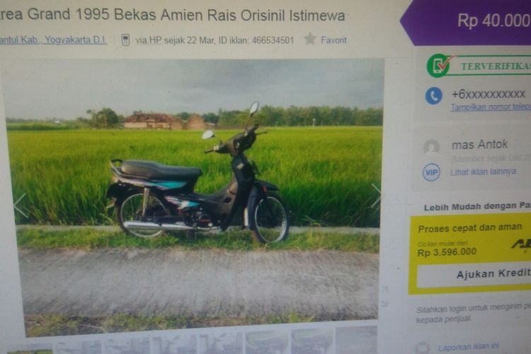 Foto sepeda motor bekas Amien Rais yang dijual di salah satu situs jual beli online.
