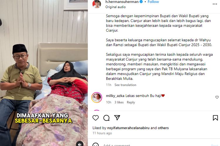 Bupati Cianjur Herman Suherman memberikan klarifikasi perihal ketidakhadirannya dalam acara sertijab dengan bupati terpilih di Pendopo Bupati Cianjur, Kamis (20/2/2025) petang.