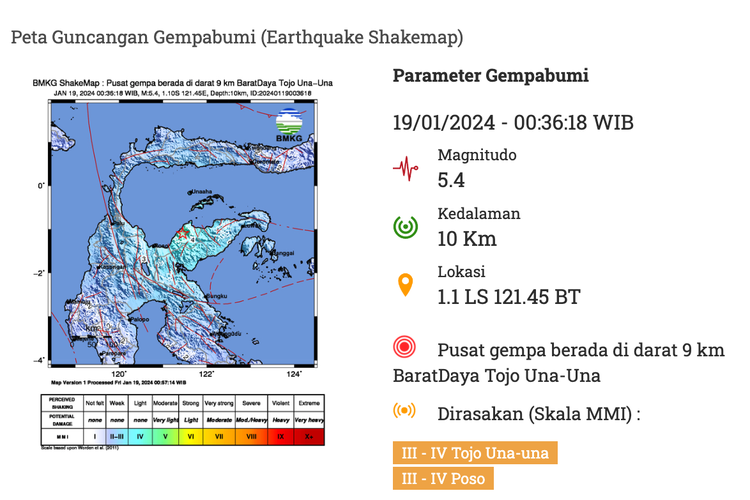 Peta guncangan gempa bumi di Tojo Una-Una