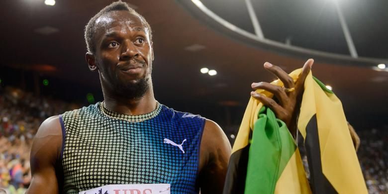 Pelari Jamaica, Usain Bolt merayakan kemenangannya di nomor 100 meter pada Diamond League Athletics, di Weltklasse, Kamis (29/8/2013).