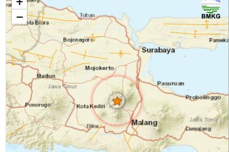 Peta gema M 3,4 yang jerjadi di Kota Batu, Jawa Timur, Jumat (24/12/2021).