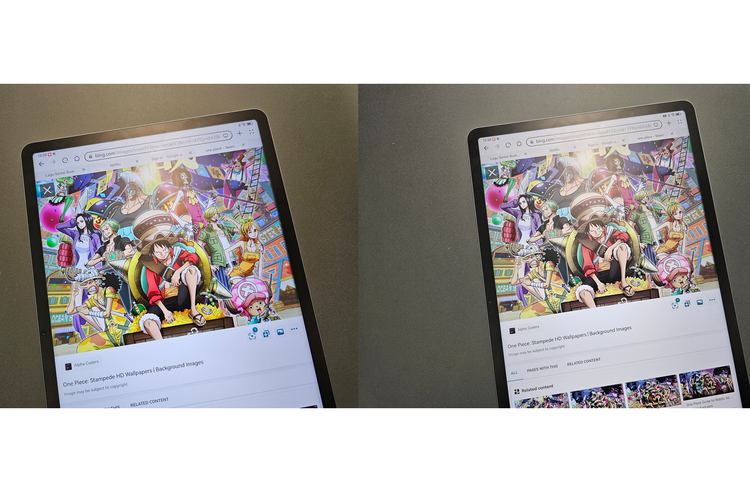 Perbandingan warna RGB (kiri) dan CMYK (kanan) di Huawei MatePad 11.5 PaperMatte Edition. Warna CMYK lebih pudar, tetapi lebih akurat seperti komik cetak berwarna sebenarnya.