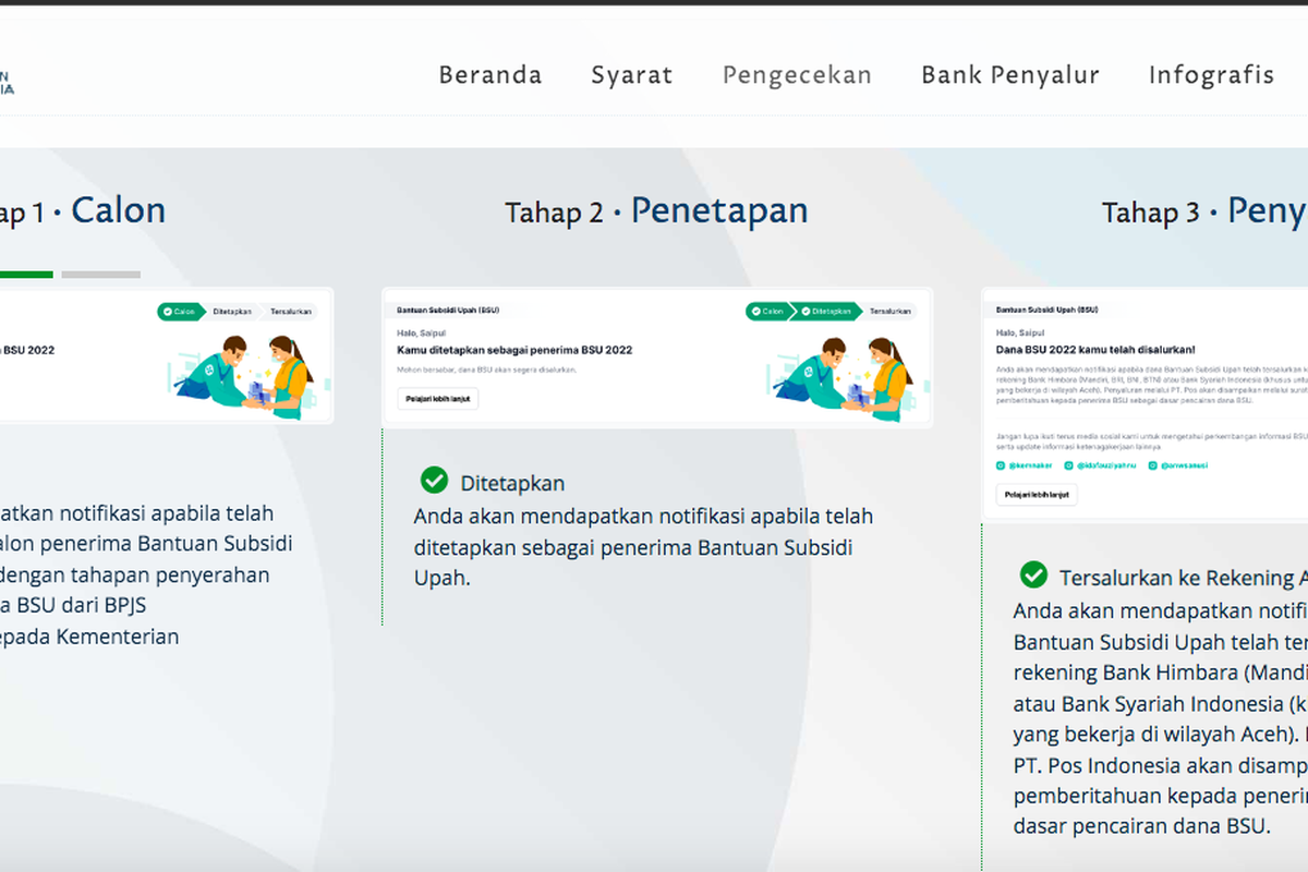Tangkapan layar notifikasi atau pemberitahuan mengenai penerima BSU atau BLT subsidi gaji 2022