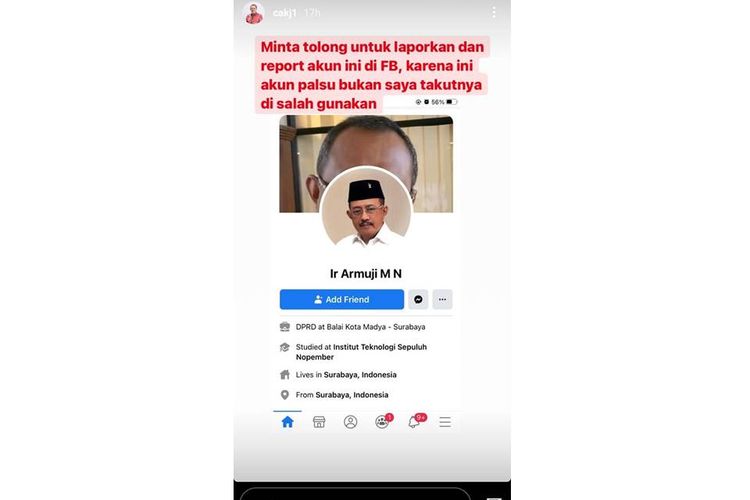 Tangkapan layar insta story akun Instagram pribadi milik Wakil Wali Kota Surabaya terpilih, Armuji, @cakj1.