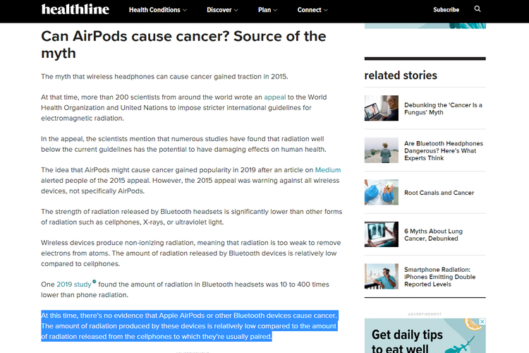 Tangkapan layar laporan Healthline pada 27 Mei 2020, tentang mitos AirPods menyebabkan kanker.