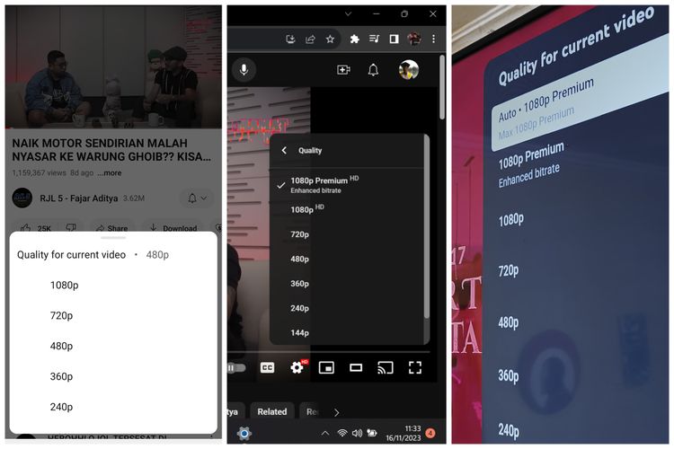 Ilustrasi fitur 1080p Premium di aplikasi YouTube smartphone (kiri), web (tengah), dan SmartTV (kanan).