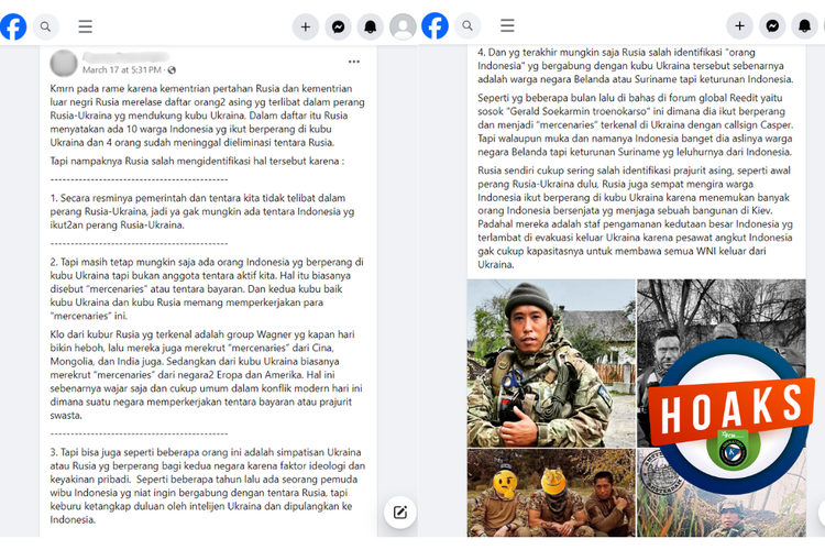 Tangkapan layar konten hoaks di sebuah akun Facebook, Minggu (1732024), soal WNI yang jadi tentara bayaran Ukraina meninggal.