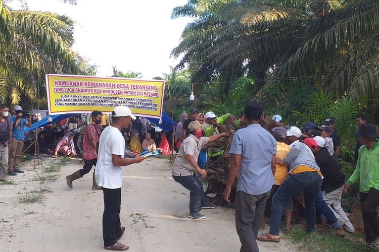 Ratusan petani sawit Koperasi Iyo Basamo di Desa Terantang, Kecamatan Tambang, Kabupaten Kampar, Riau, memblokade jalan perkebunan setelah memenangkan banding, Senin (30/5/2022) sore.